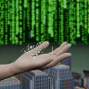 A human hand holds a small white pill against a background of falling green digital code and a city skyline.