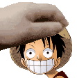 Monkey D. Luffy smiling while a hand repeatedly pats the top of his straw hat.