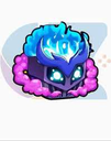 A dark box with glowing white eyes, topped with blue flames and surrounded by pink smoke.