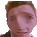 Rick Astley with a heavily distorted, fish-eye lens effect on his face.