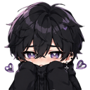 Anime boy with dark hair and purple eyes blushing while hiding his face behind his black sweater sleeves with floating purpl…