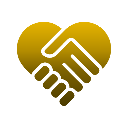 Handshake forming a heart shape in gold against a black background.