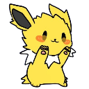 Jolteon bouncing up and down with a happy expression and paws raised.