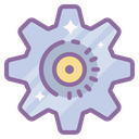 A stylized purple and blue gear with a yellow center and sparkling magical accents.