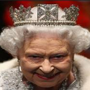 Queen Elizabeth wearing a crown with a distorted, menacing, and wide-eyed grin.