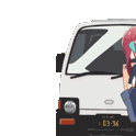 Anime girl in a school uniform getting hit by a white truck in a four-panel sequence.