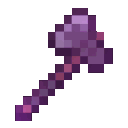 Enchanted purple pixel axe facing towards the upper right.