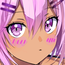 Anime girl with pink hair and tan skin blushing with wide, expressive purple eyes.