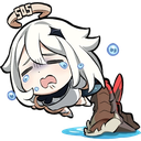 Paimon from Genshin Impact crying in a puddle with an SOS halo above her head.