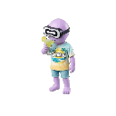 Purple character wearing a VR headset and a summer t-shirt standing in a relaxed pose.