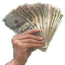A hand holding a large fan of hundred dollar bills.