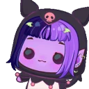 Kuromi character with purple hair and a black hood smiling mischievously.