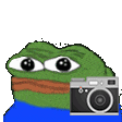Peepo the frog holds up a camera to take a photo, then shrinks and disappears from view.