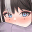 Anime girl with dark hair and blue eyes blushing while hiding her face behind a purple sweater.