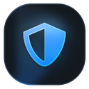 A blue shield icon with a dark background.