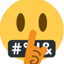 A yellow smiley face holding a finger to its mouth with a black bar containing symbols over its lips.