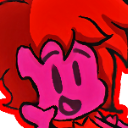 A stylized pink character with red hair smiling widely with an expression of intense excitement.