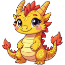 A cute golden baby dragon with large eyes and red spikes smiling happily.