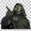 Doctor Doom wearing his green hood and metal mask points his finger forward with glowing green eyes.