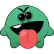 Green blob character with a wide grin sticking its tongue out in a mocking expression.