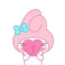 My Melody with a blue bow blowing a pink heart kiss.
