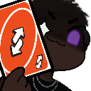 A character with glowing purple eyes holds up a red Uno reverse card with a smug expression.