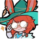 A chibi witch with red hair and glasses wearing a large green hat, smiling with a smug expression.