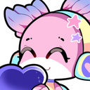 A cute anime-style character with pastel hair and headphones smiling happily while holding a dark blue heart.