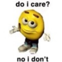 Yellow 3D character shrugging with the text do i care? no i don't.