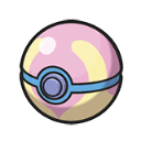 Heal Ball from Pokemon featuring a pink and yellow sphere with a blue band.