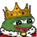 Pepe the Frog wearing a gold crown and royal red robes with a happy expression.