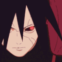 Madara Uchiha with glowing red Sharingan eyes looking forward with a serious expression.