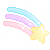 Four repeating pixel art shooting stars with pastel rainbow trails and yellow stars.