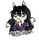 A chibi fox-eared character with black hair and purple clothes drinking from a glass.