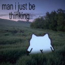 A white cat silhouette sits in a dark, grassy field with the text man i just be thinking above it.