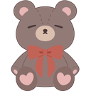 A brown teddy bear with closed eyes and a red bow sitting with heart-shaped paw pads.