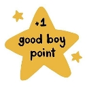 A golden star icon with the text +1 good boy point written in black, surrounded by two smaller stars.