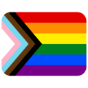 Progress Pride flag with horizontal rainbow stripes and a chevron on the left featuring white, pink, light blue, brown, and …