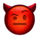 Red devil face with a skeptical, unimpressed expression and one raised eyebrow.