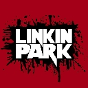 Linkin Park logo in white text with a black paint splatter effect on a red background.