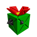 A green cube gift box with a red bow on top and sharp black spikes protruding from its sides.