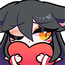 Ahri with dark hair and fox ears holding a large red heart with a shy and loving expression.