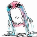 A pink and white scribbled creature with a massive open mouth crying blue tears.