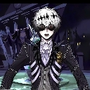 Anime character with white hair and dark goggles wearing a black gothic suit.