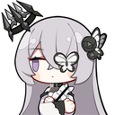 A chibi girl with long hair and a butterfly over her eye looking unimpressed and dismissive.