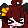 Anime girl with dark red hair laughing hysterically with yellow exclamation marks above her head.