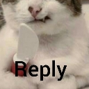 A cat holding a small knife with the word Reply overlaid on the image.