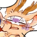 A cute orange furry creature with a squished face and a flustered, annoyed expression.