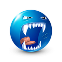 Blue sphere with sharp white fangs and a wide open mouth expressing aggression.
