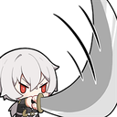 A chibi anime character with white hair and red eyes swings a large gray blade in a powerful slash motion.